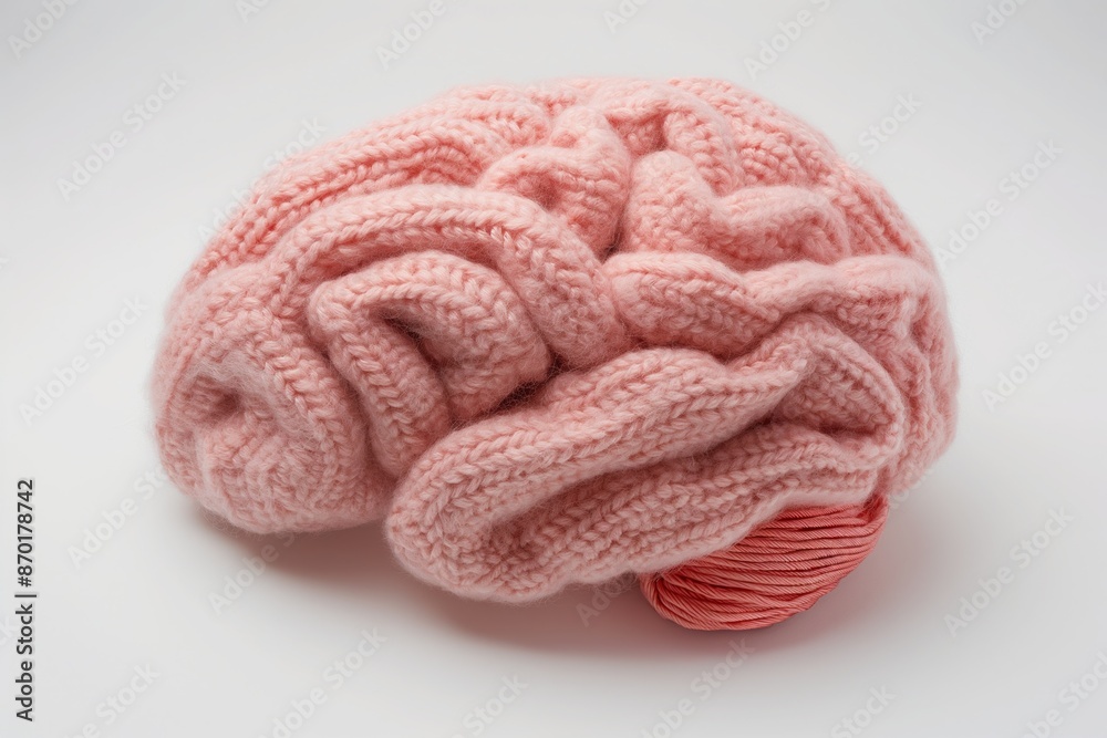 Pink Woolen Brain Crafted from Knitted Yarn on White Background Pink Woolen Brain Crafted from Knitted Yarn on White Background