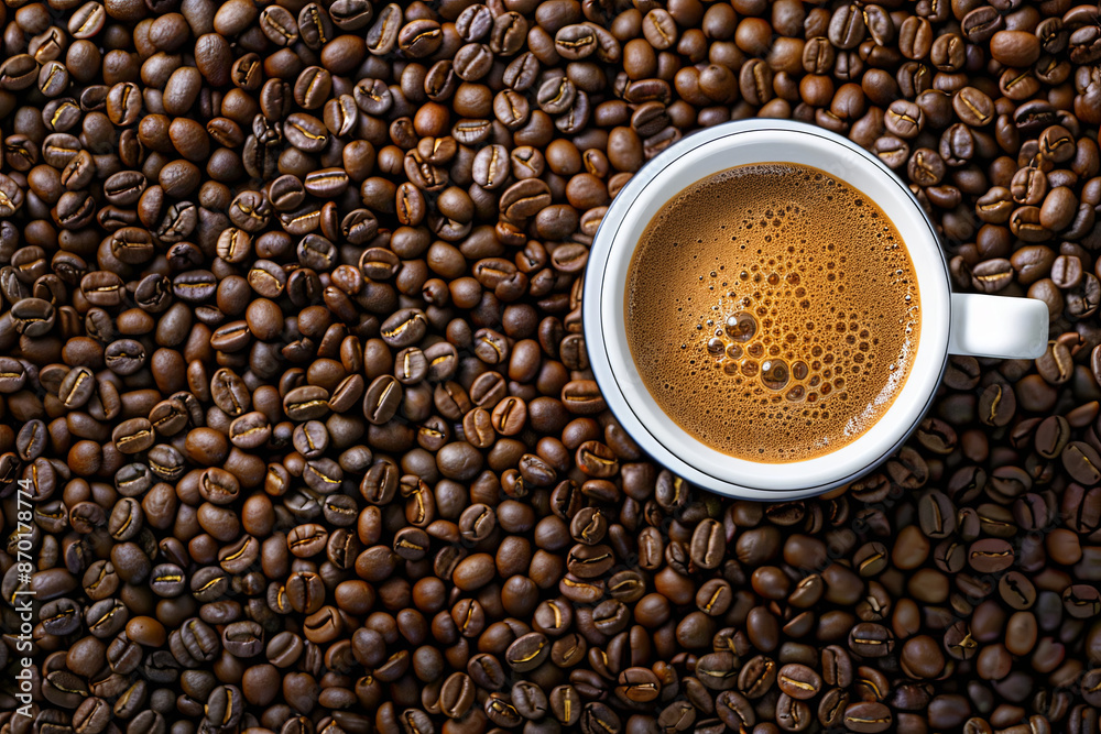 Fototapeta premium Coffee cup surrounded by coffee beans, warm beverage with copy space