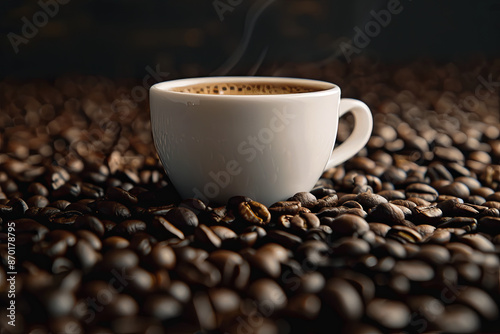 Coffee cup surrounded by coffee beans, warm beverage with copy space photo