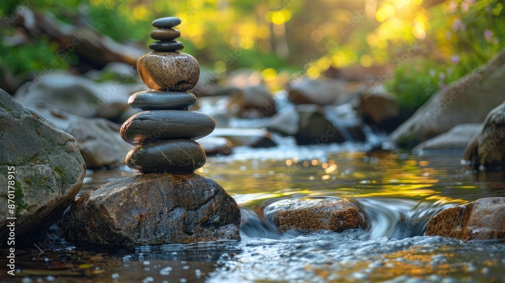 Serene river with stacked stones in sunlight, capturing natural balance and peaceful flowing water in a tranquil forest setting. Serene river with stacked stones in sunlight, capturing natural balance and peaceful flowing water in a tranquil forest setting.