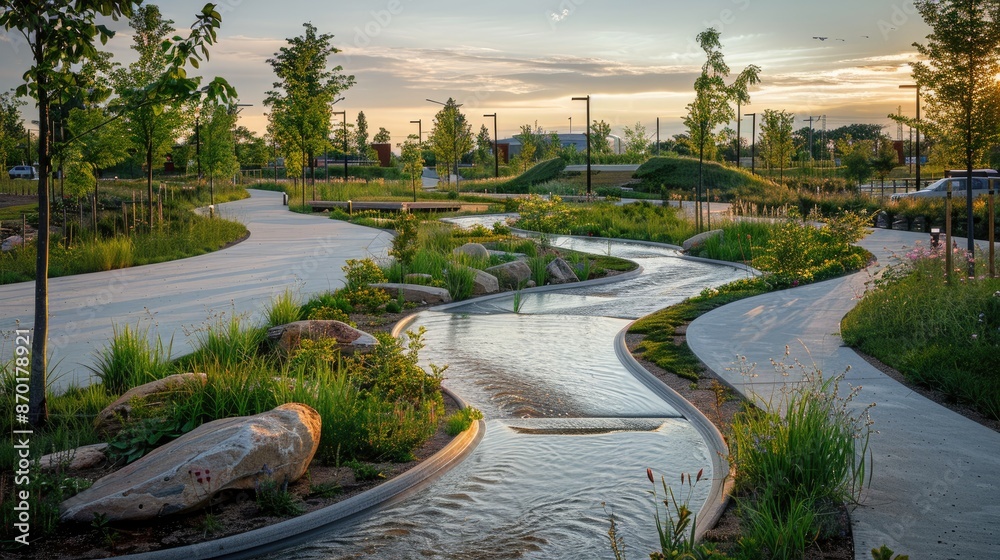 Fototapeta premium Serene park with winding pathways, water features, greenery, and sunset views, ideal for relaxation and leisurely walks.