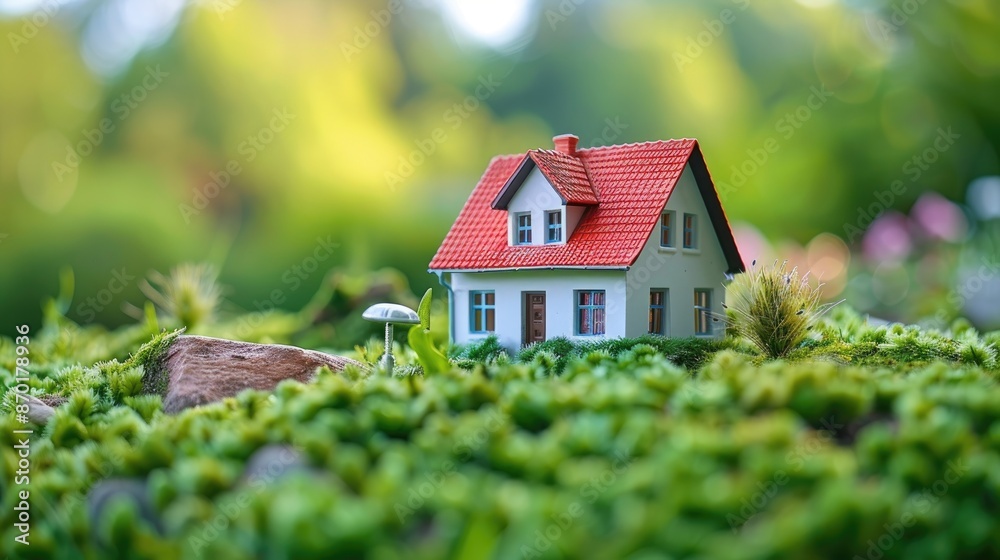Small model house with red roof in lush green garden surroundings, symbolizing real estate, home investment, and nature harmony. Small model house with red roof in lush green garden surroundings, symbolizing real estate, home investment, and nature harmony.
