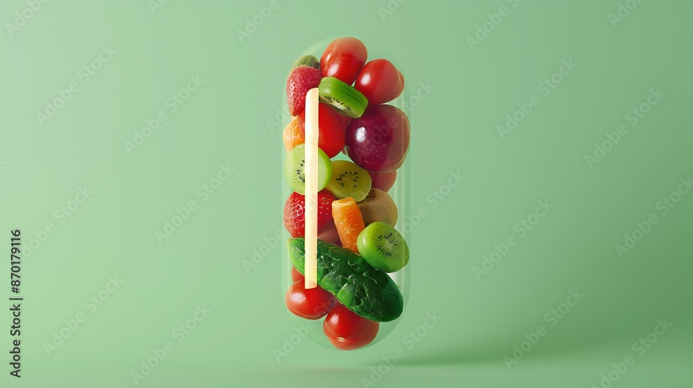 Vertical Transparent Capsule Filled with Various Fresh Fruits and Vegetables on Green Background Vertical Transparent Capsule Filled with Various Fresh Fruits and Vegetables on Green Background