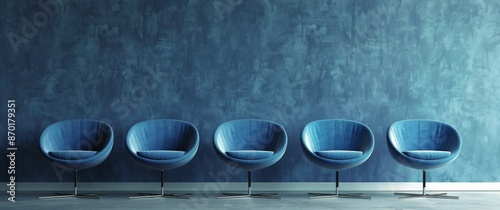 Four Blue Upholstered Armchairs in Front of a Blue Wall