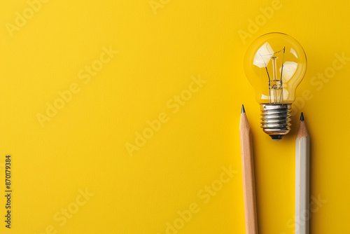 Business creativity and inspiration with a lightbulb and pencil on a yellow background photo
