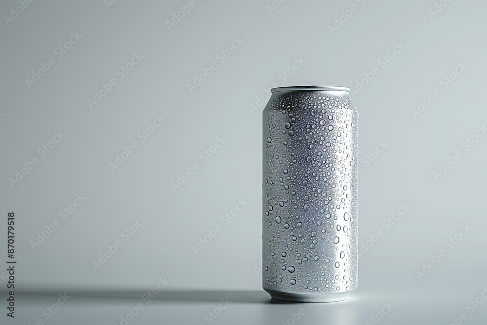 Close-Up of Cold Silver Can with Water Droplets on Gray Background Close-Up of Cold Silver Can with Water Droplets on Gray Background