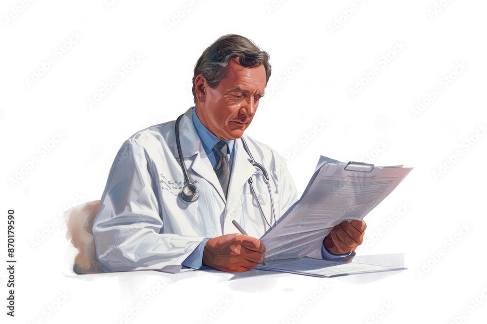 Doctor checking a patient's chart, Portrait half-body, hyper-realistic, high detail, photorealistic, white background Doctor checking a patient's chart, Portrait half-body, hyper-realistic, high detail, photorealistic, white background