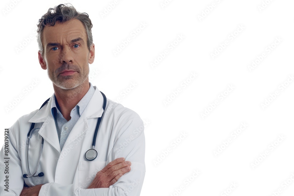 Doctor discussing treatment options, Portrait half-body, hyper-realistic, high detail, photorealistic, white background