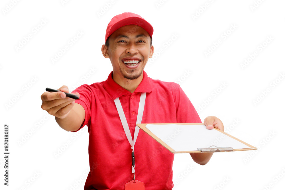 Excited Asian delivery man or courier offering a clipboard with a document to the camera for signing, acknowledging receipt of a delivered package, isolated on a white background Excited Asian delivery man or courier offering a clipboard with a document to the camera for signing, acknowledging receipt of a delivered package, isolated on a white background
