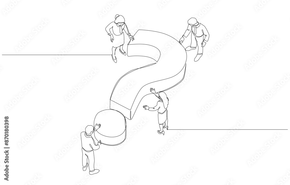 Continuous one line drawing of businesspeople with big question mark, teamwork to find solution to solve business problem, answering question concept, single line art.
Continuous one line drawing of businesspeople with big question mark, teamwork to find solution to solve business problem, answering question concept, single line art.