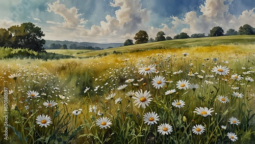 A watercolor scene of a field dotted with daisies under a summer sky ai_generated