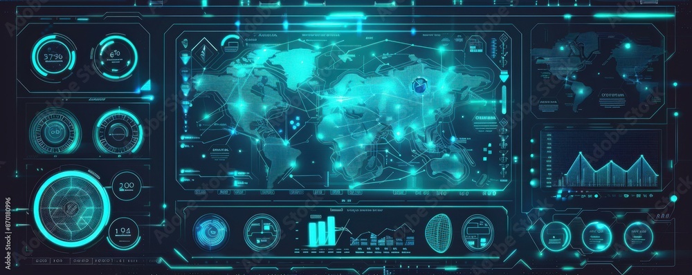 Obraz premium A futuristic digital hub with blue and cyan LED lights illuminating the environment.