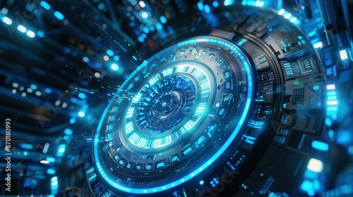 A futuristic digital hub with blue and cyan LED lights illuminating the environment.