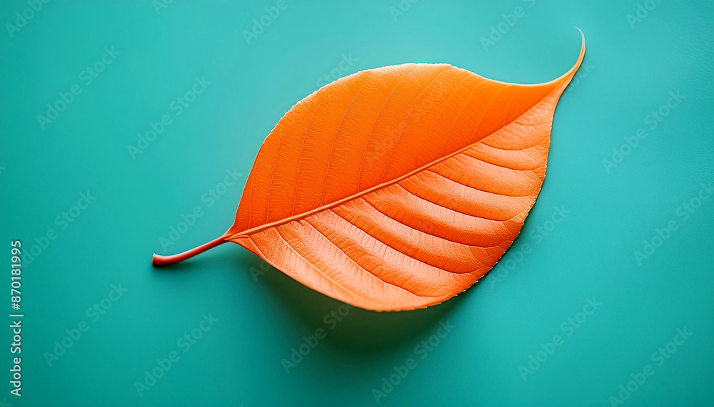 A single orange leaf on a turquoise background. 7 A single orange leaf on a turquoise background. 7