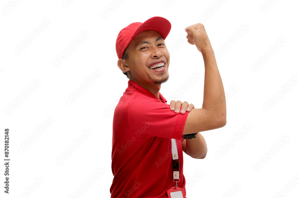 Excited Asian Delivery man is making a strong gesture by lifting his arm to show muscles, expressing pride in his achievements and dedication in delivery services, Isolated on a white background Excited Asian Delivery man is making a strong gesture by lifting his arm to show muscles, expressing pride in his achievements and dedication in delivery services, Isolated on a white background