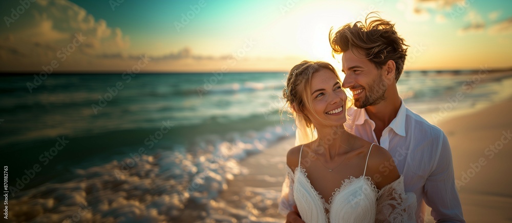 Fototapeta premium Happy couple embrace in love,smiling at beach sunset,summer holiday romance concept,copy space.