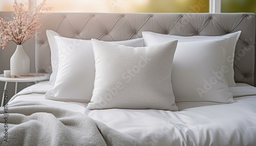 Grey bed with white pillows in a bedroom or hotel room, white blankets and comforter 