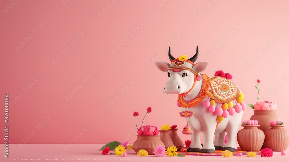 Decorated Ox with Pots and Flowers for Pongal Festival on Pink Background Decorated Ox with Pots and Flowers for Pongal Festival on Pink Background