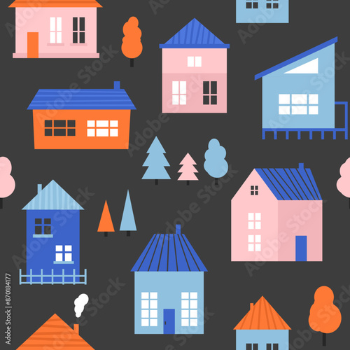 Small cute house seamless pattern. Cartoon village town repeated texture. Doodle cozy tiny little cottages background. Repeating suburban town houses, farms and trees wallpaper. Vector backdrop