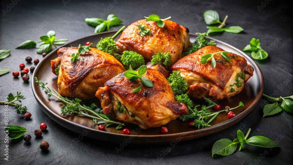 Fototapeta premium Four Roasted Chicken Thighs With Crispy Skin On A Wooden Plate With Fresh Herbs And Spices.
