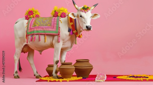 Beautifully Decorated Cow with Flowers and Clay Pots for Pongal Festival Greeting