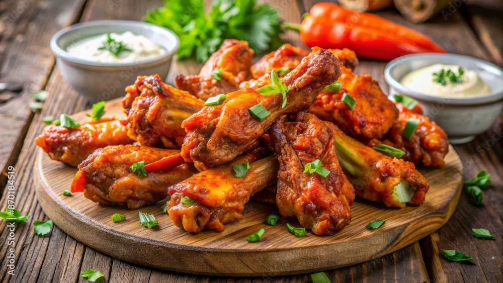 Savory closeup of spicy buffalo chicken wings arranged on a rustic wooden table, ideal for appetizer or game day snack. Savory closeup of spicy buffalo chicken wings arranged on a rustic wooden table, ideal for appetizer or game day snack.
