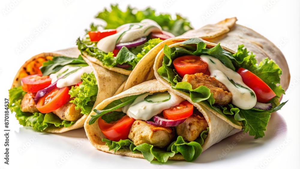 Fresh And Delicious Chicken Wrap Stuffed With Lettuce, Tomatoes, Onions And Cucumber. Fresh And Delicious Chicken Wrap Stuffed With Lettuce, Tomatoes, Onions And Cucumber.