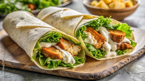 Freshly prepared, golden-brown, crispy chicken wrap with crunchy romaine lettuce, creamy caesar dressing, and shaved parmesan cheese on a marble plate.