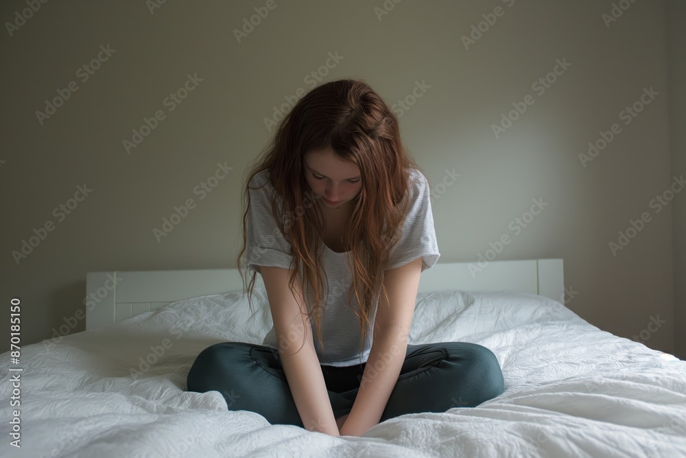 Sad teenage girl with her head down, sitting on the bed in her room Sad teenage girl with her head down, sitting on the bed in her room