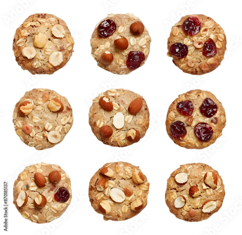 Set round, cereals integral whole wheat biscuit with oatmeal, with cranberry fruit and chopped hazelnut, Isolated on Transparent background.