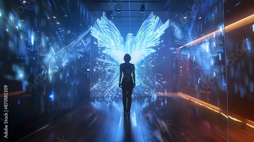 A digital art gallery with interactive exhibits and holograms.