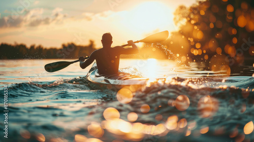 Silhouette of a man at sunset canoeing in a canoe in a wild river