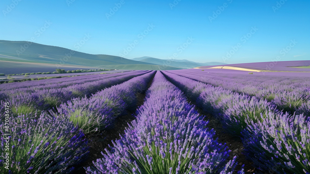 Obraz premium Lavender Fields Bursting with Blooms in Perfect Rows, Casting a Radiant Purple Glow Across the Landscape
