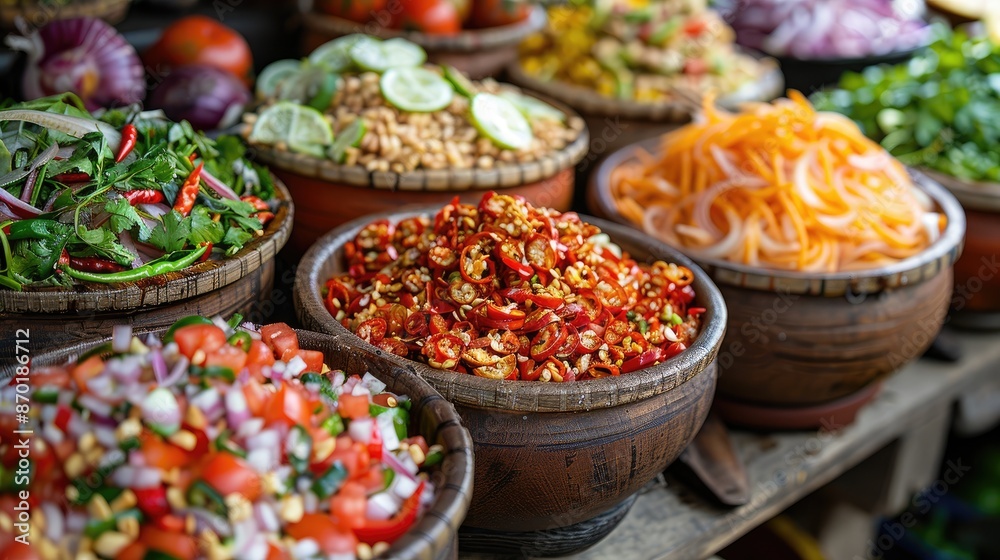 Fototapeta premium A table full of bowls of food, including a bowl of red chili. The bowls are arranged in a way that makes it easy to see the different types of food