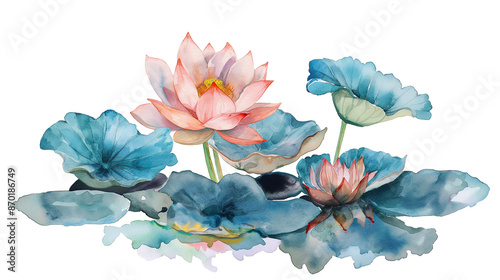 Watercolor Colorful Lotus Flower Painting isolated on a transparent background