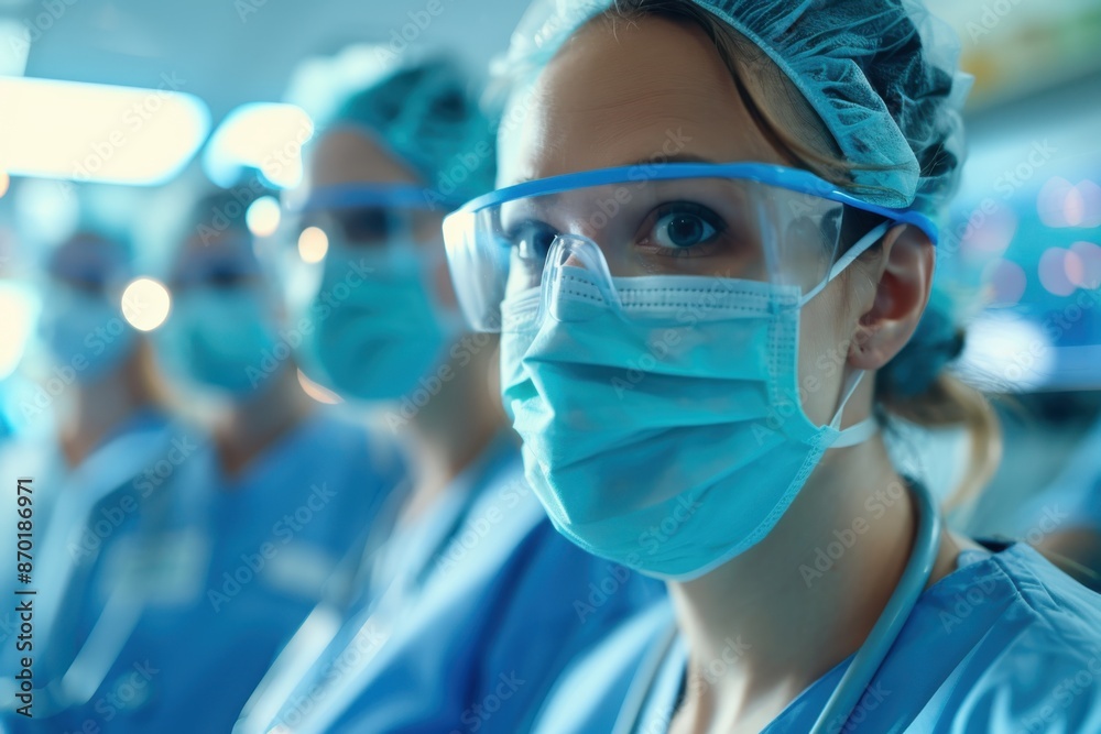 Medical professionals in surgical masks and attire focusing on a procedure, highlighting teamwork, dedication, and healthcare environment. Medical professionals in surgical masks and attire focusing on a procedure, highlighting teamwork, dedication, and healthcare environment.