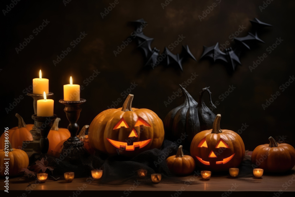 Fototapeta premium generated illustration scary pumpkins ,candle and bats