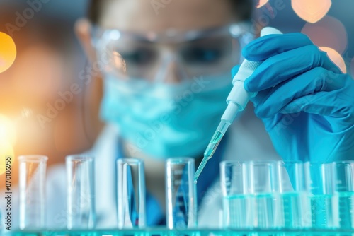 Scientist conducting experiment in laboratory with pipette and test tubes, focusing on precision and accuracy in research. photo