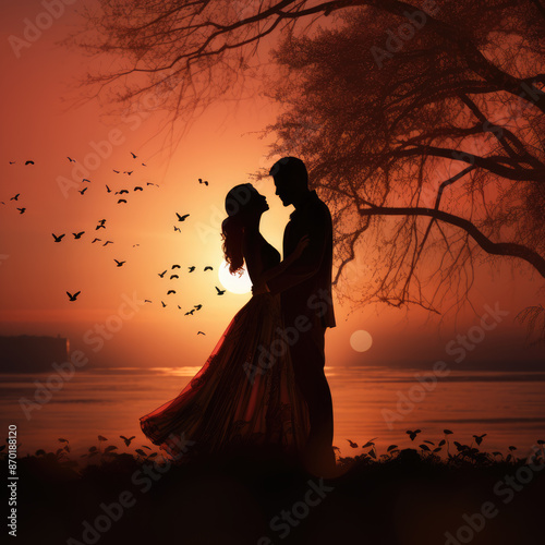 generated illustration of hazy silhouette of an elderly couple holding hands