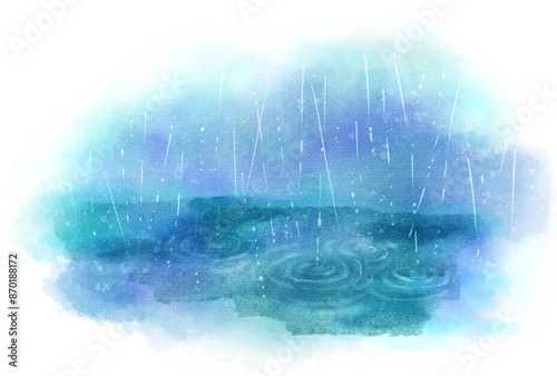 雨が降る風景の水彩イラスト
