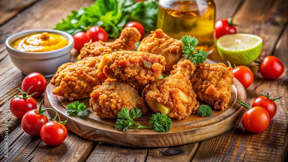 Crisp golden fried chicken pieces arranged appetizingly on a wooden table, surrounded by vibrant colors and tantalizing garnishes. Crisp golden fried chicken pieces arranged appetizingly on a wooden table, surrounded by vibrant colors and tantalizing garnishes.