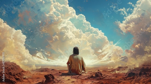 Jesus in wilderness, kneeling in prayer, vast sky, 40 days fasting.