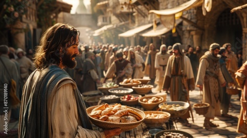 Jesus feeding 5,000, five loaves, two fish, crowd eating, baskets of leftovers.
