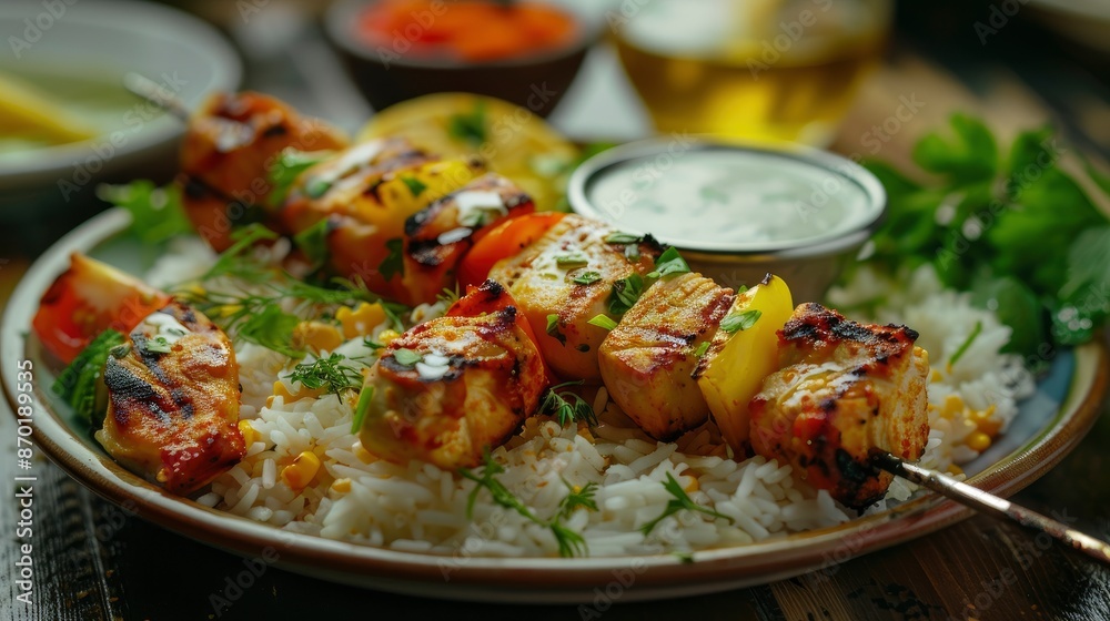 Chicken Kabob Over Rice With Garnish And Sauce, A Hearty Meal Chicken Kabob Over Rice With Garnish And Sauce, A Hearty Meal