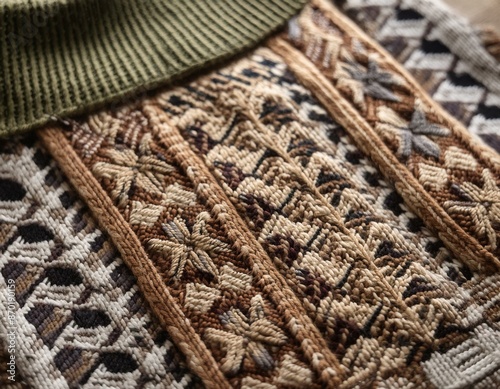 A detailed shot of traditional weaving patterns on a handcrafted wool sweater