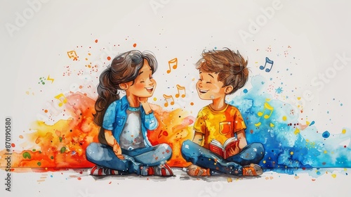 Illustration of two children Exchange ideas, talk, have fun photo
