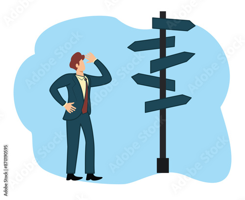 business decision making career path work direction or Businessman standing at a crossroad and looking directional signs arrows in difficult choice concept and startup