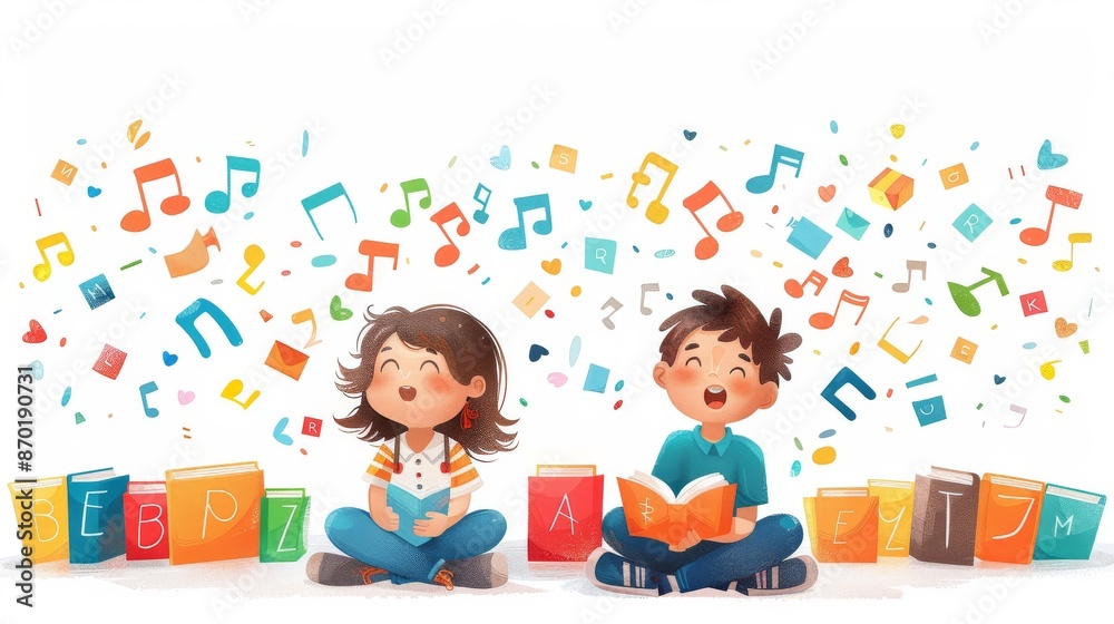 Fototapeta premium Illustration of two children Exchange ideas, talk, have fun