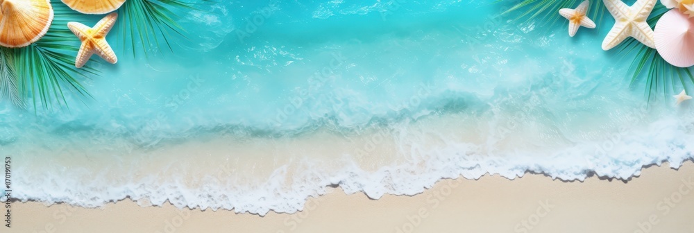 Fototapeta premium Tropical Beach with Seashells and Palm Leaves
