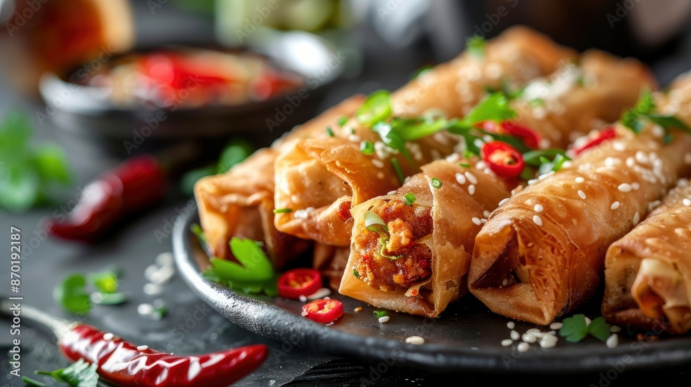 Close Up Photo Of Ready-To-Eat Vegan Crispy Tofu Skin Rolls On A Dining Table, A Delicious Snack Close Up Photo Of Ready-To-Eat Vegan Crispy Tofu Skin Rolls On A Dining Table, A Delicious Snack